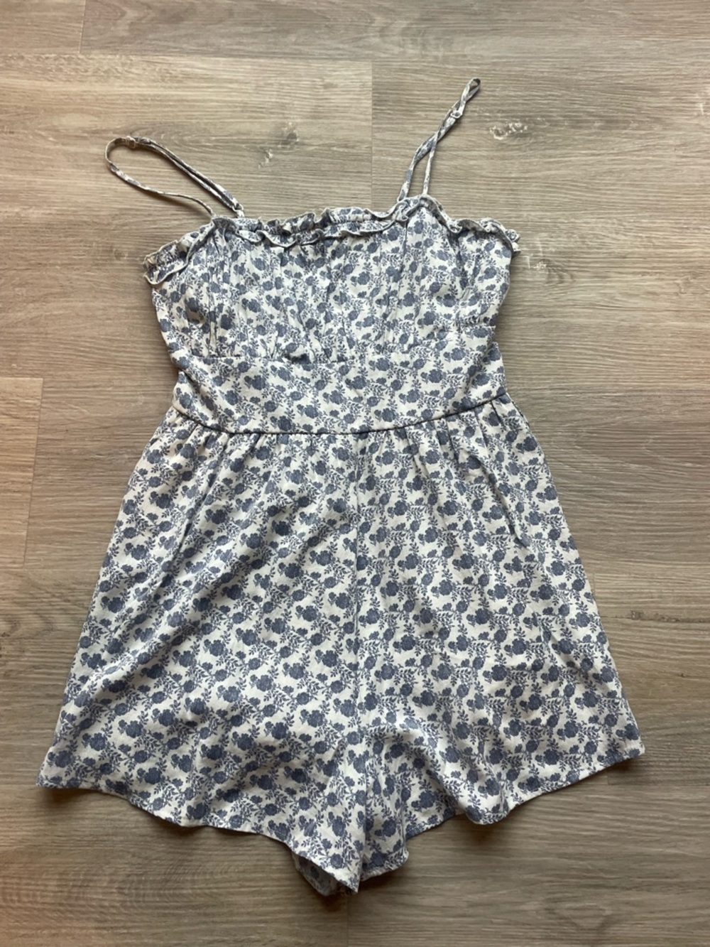 Altar'd State White and Blue Floral Spaghetti-Strap Romper